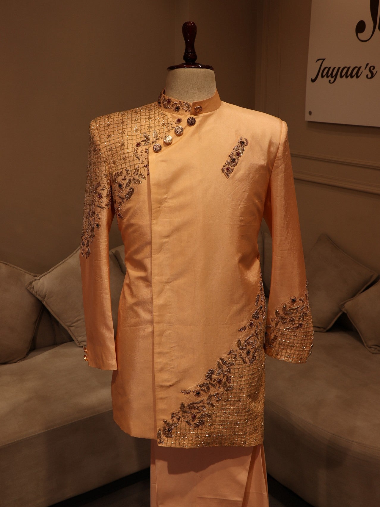 Peach mens achkan indo western set