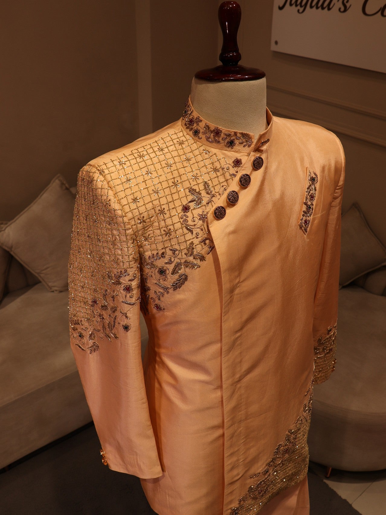 Peach mens achkan indo western set