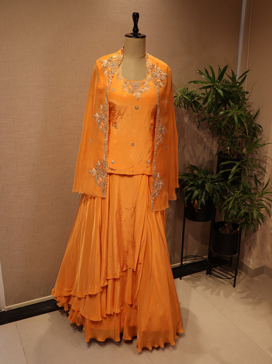 Rust orange kurti with skirt cape
