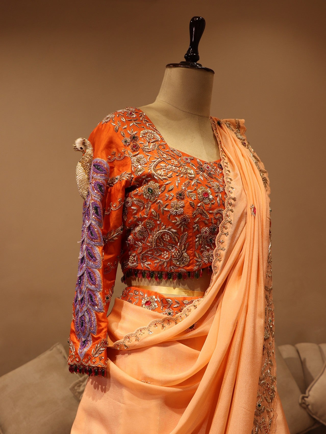 Peach rust orange peacock lehenga set