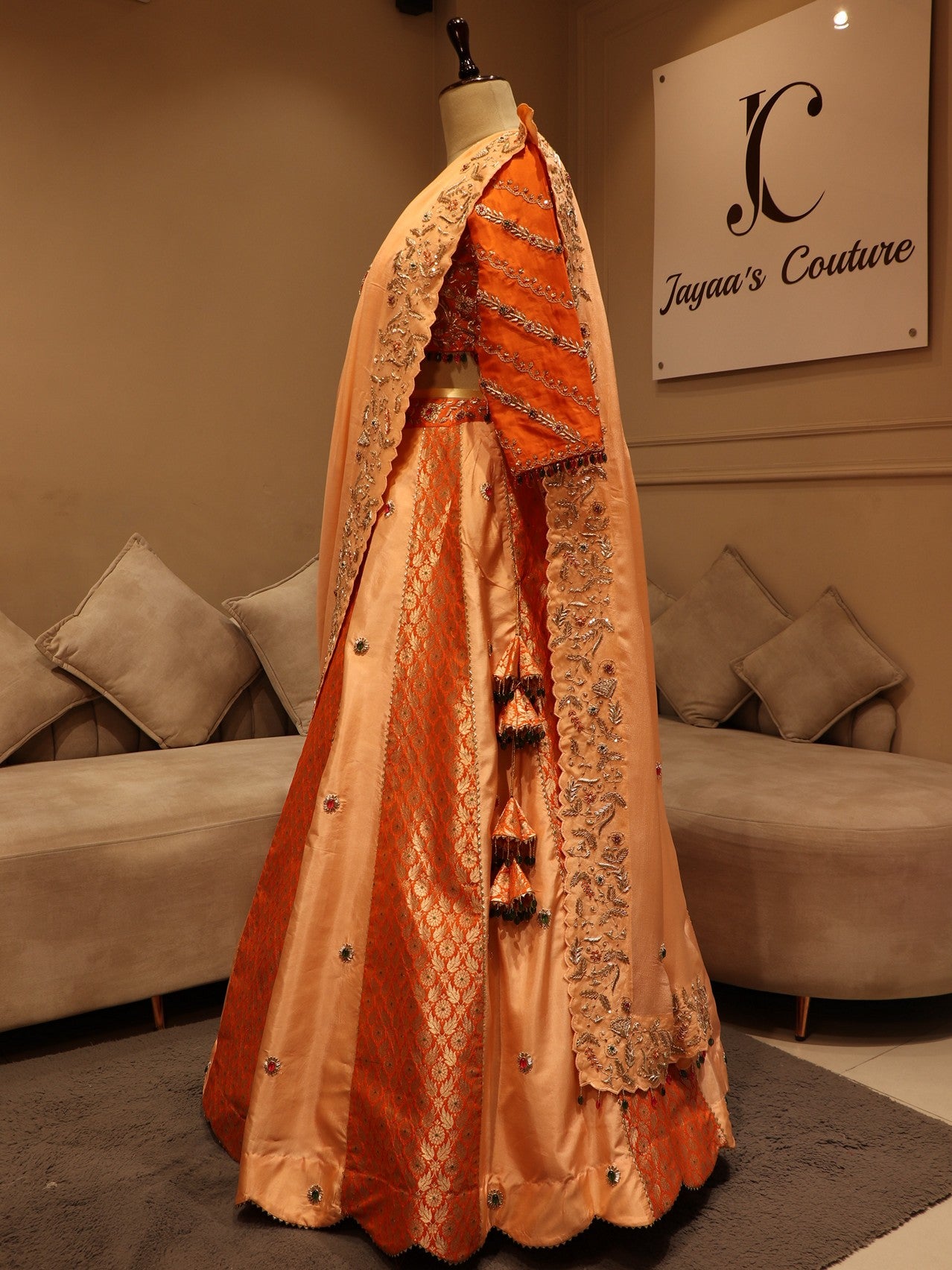 Peach rust orange peacock lehenga set