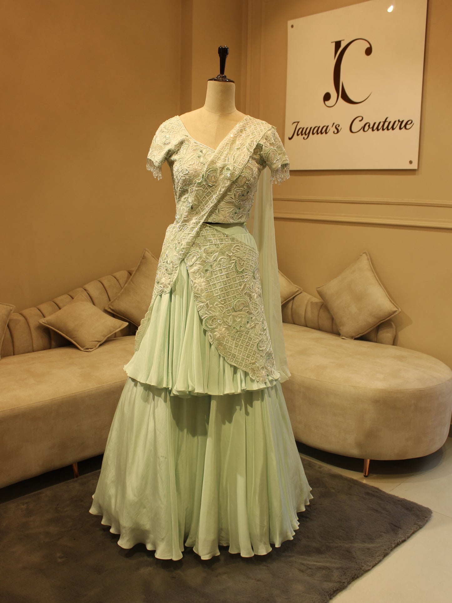 Spring green drape lehenga set