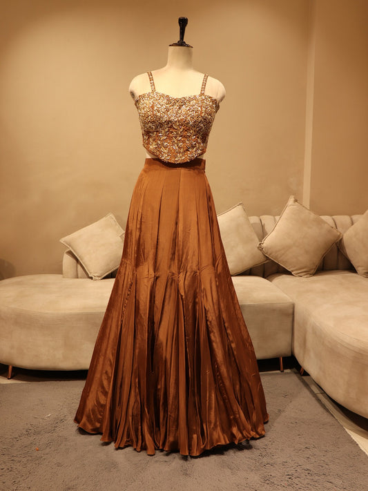 brown crop top with panel skirt