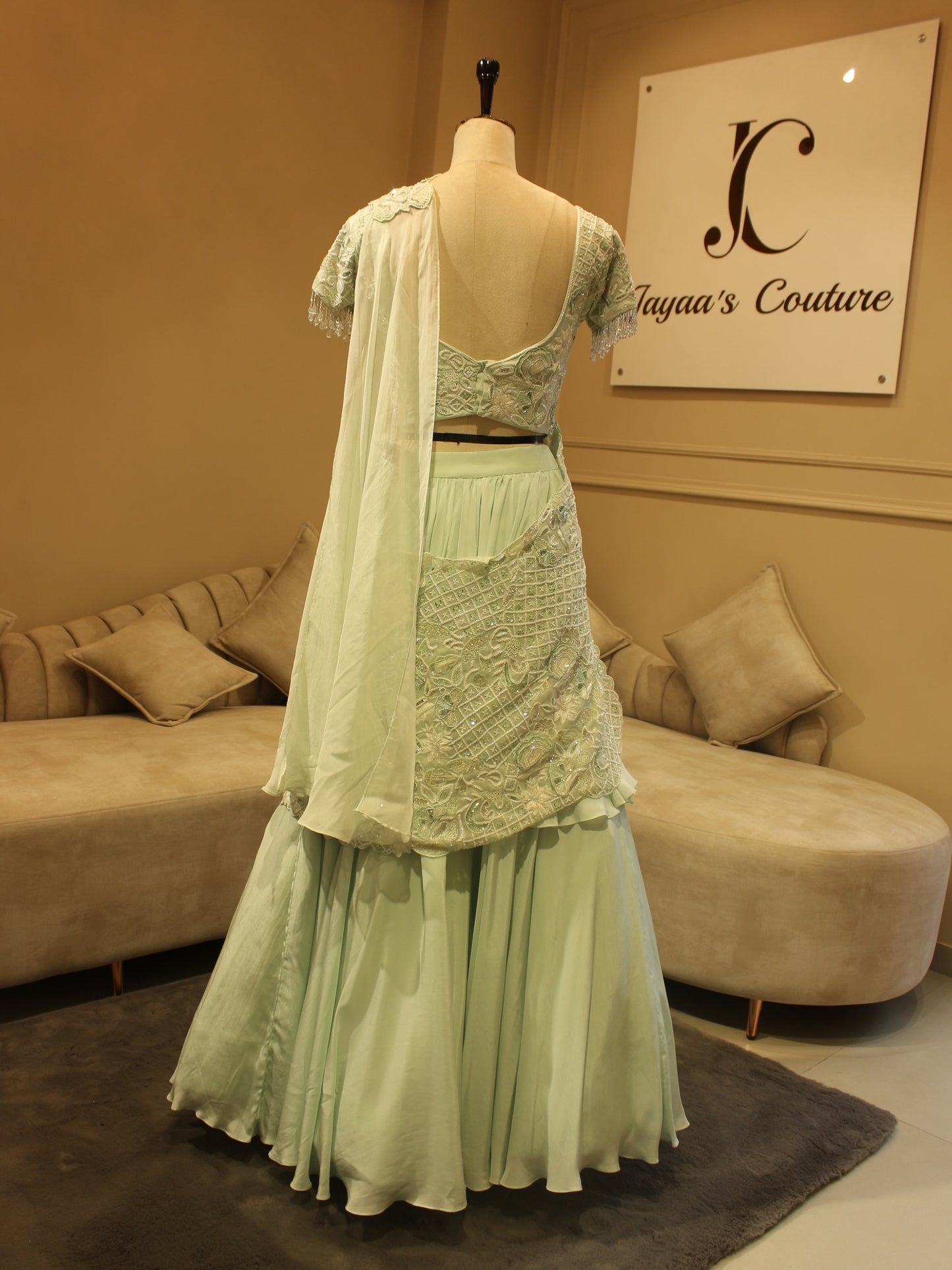 Spring green drape lehenga set