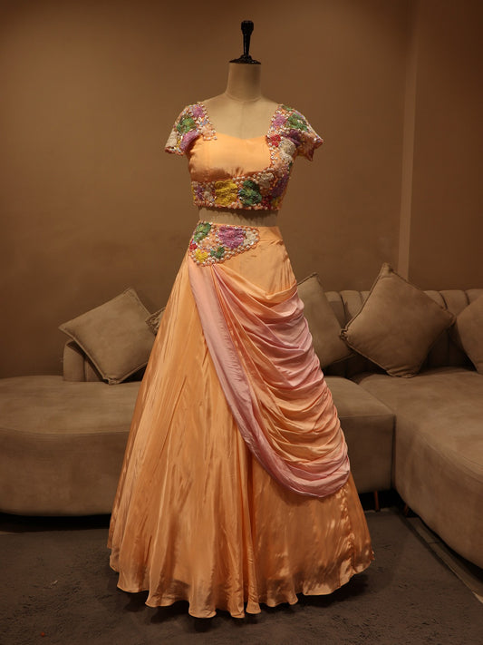 Peach shaded drape crop top skirt