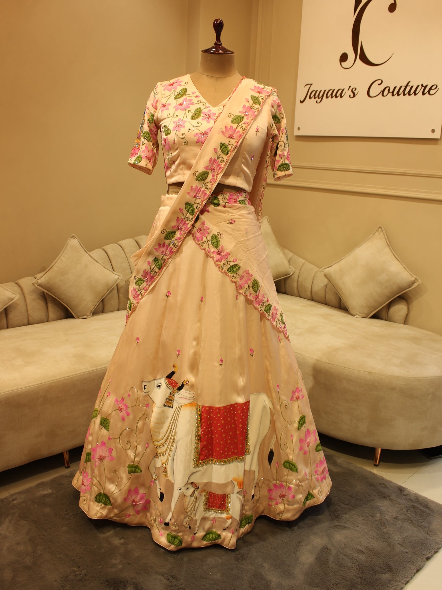 Blush pink pichwai hand painted lehenga set