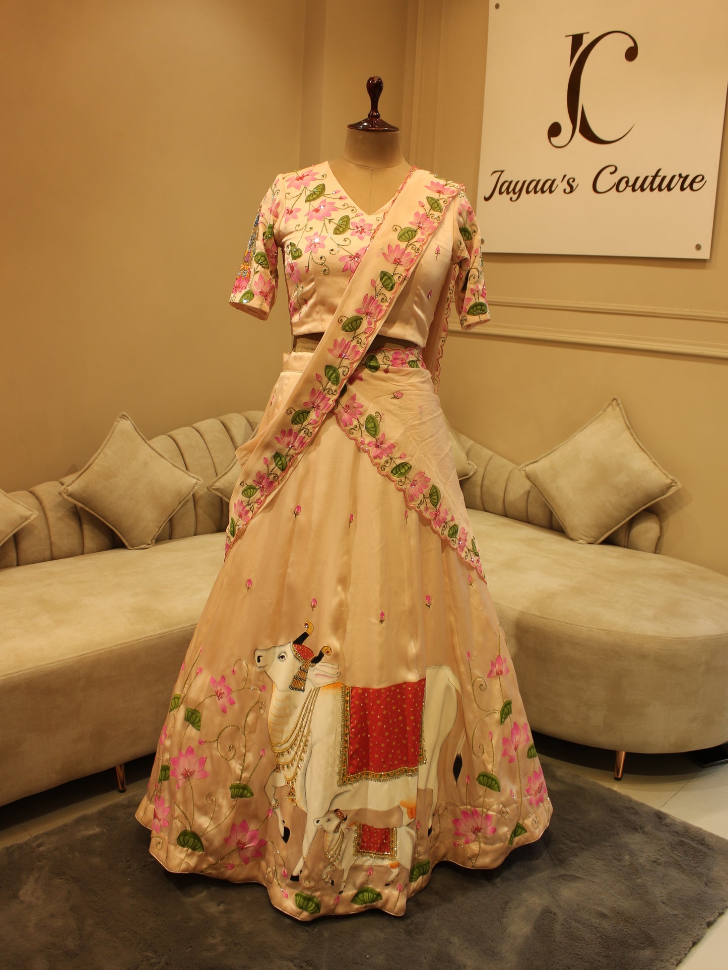 Blush pink pichwai hand painted lehenga set