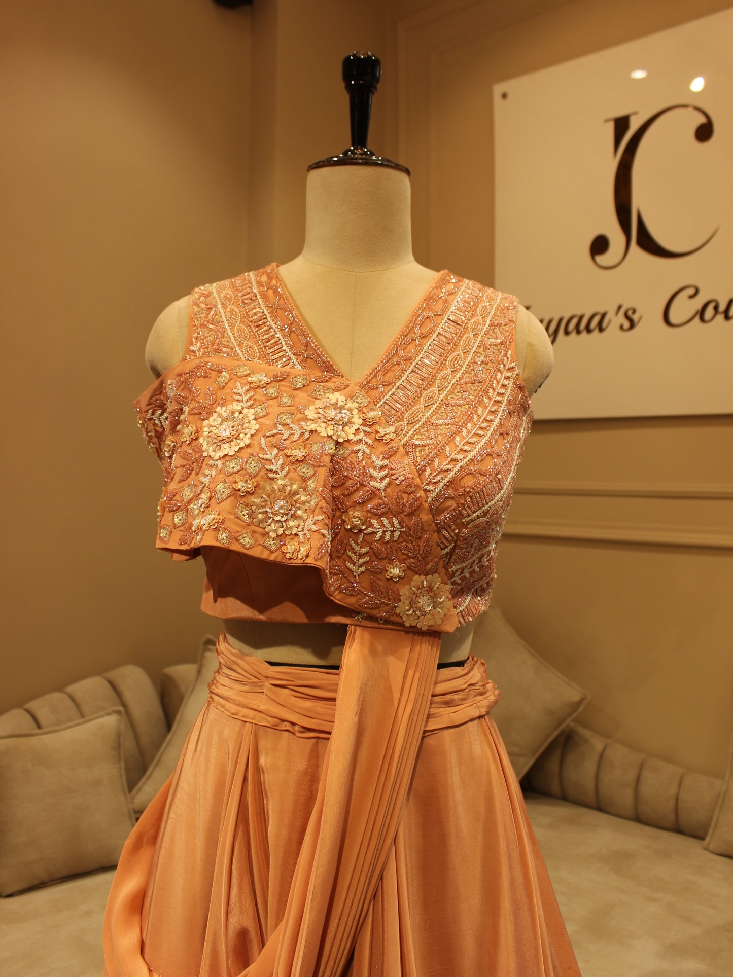 Peach crop top with drape skirt