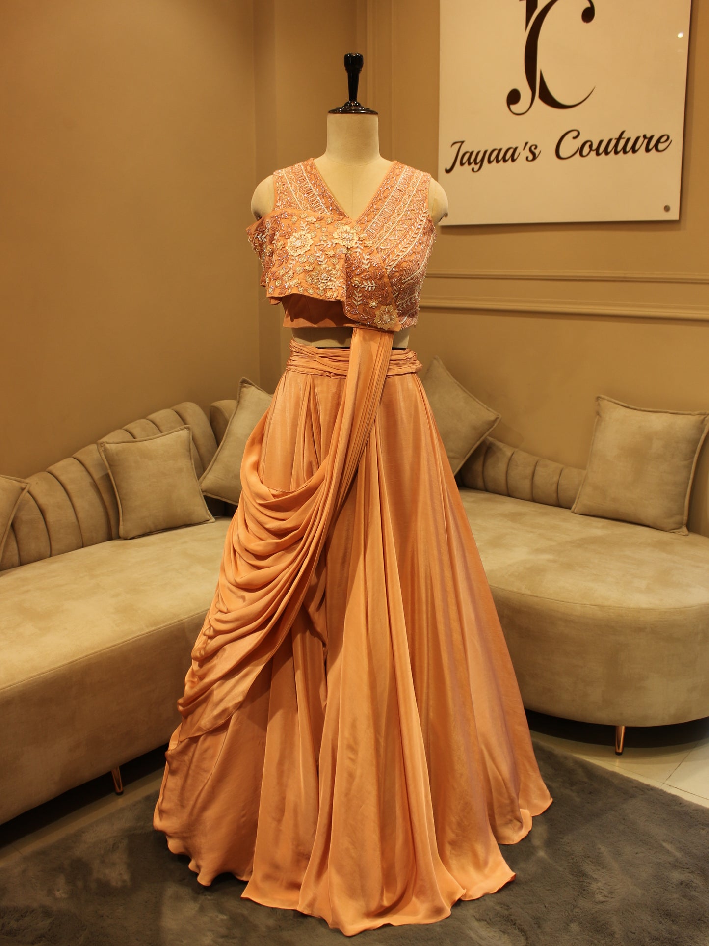 Peach crop top with drape skirt