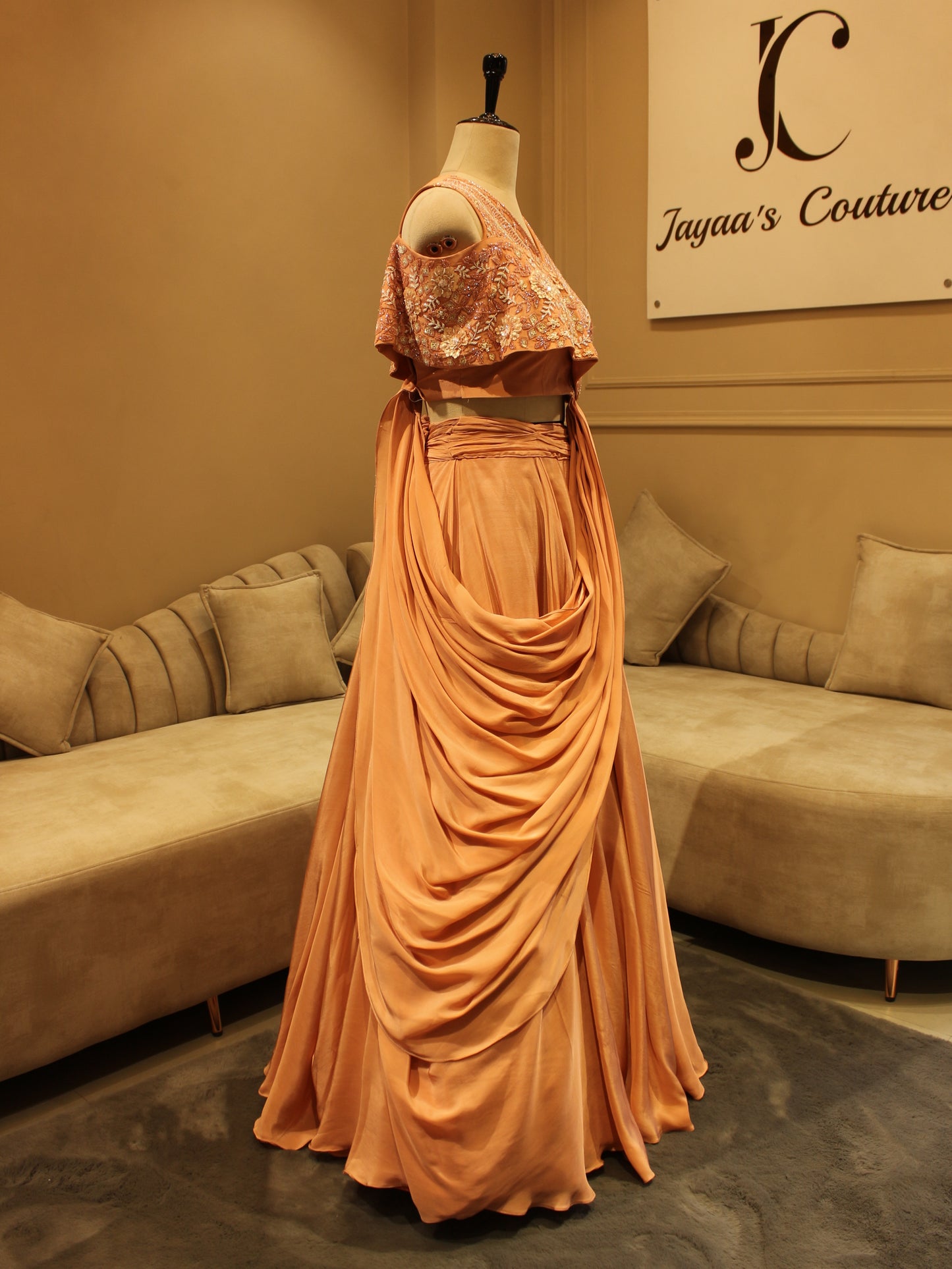 Peach crop top with drape skirt