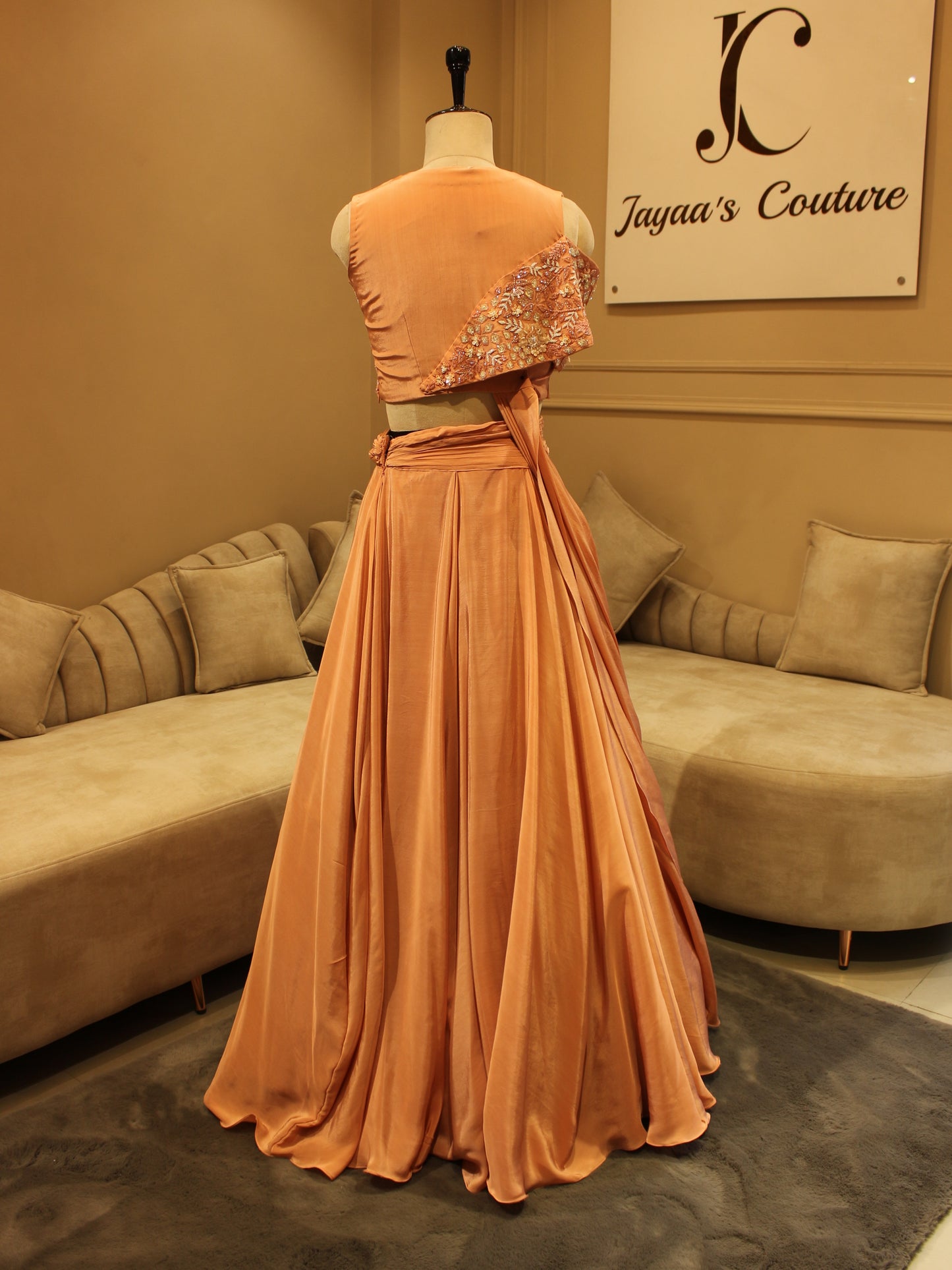 Peach crop top with drape skirt