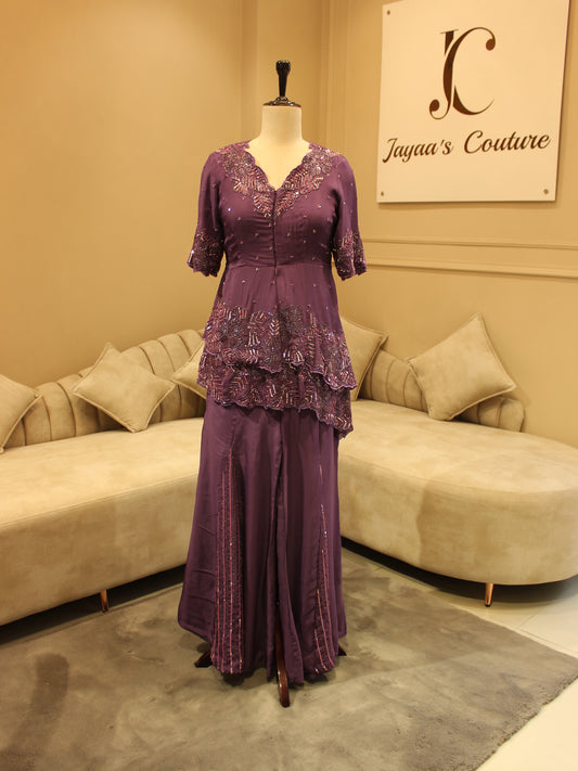 Mauve top with flaired plazo