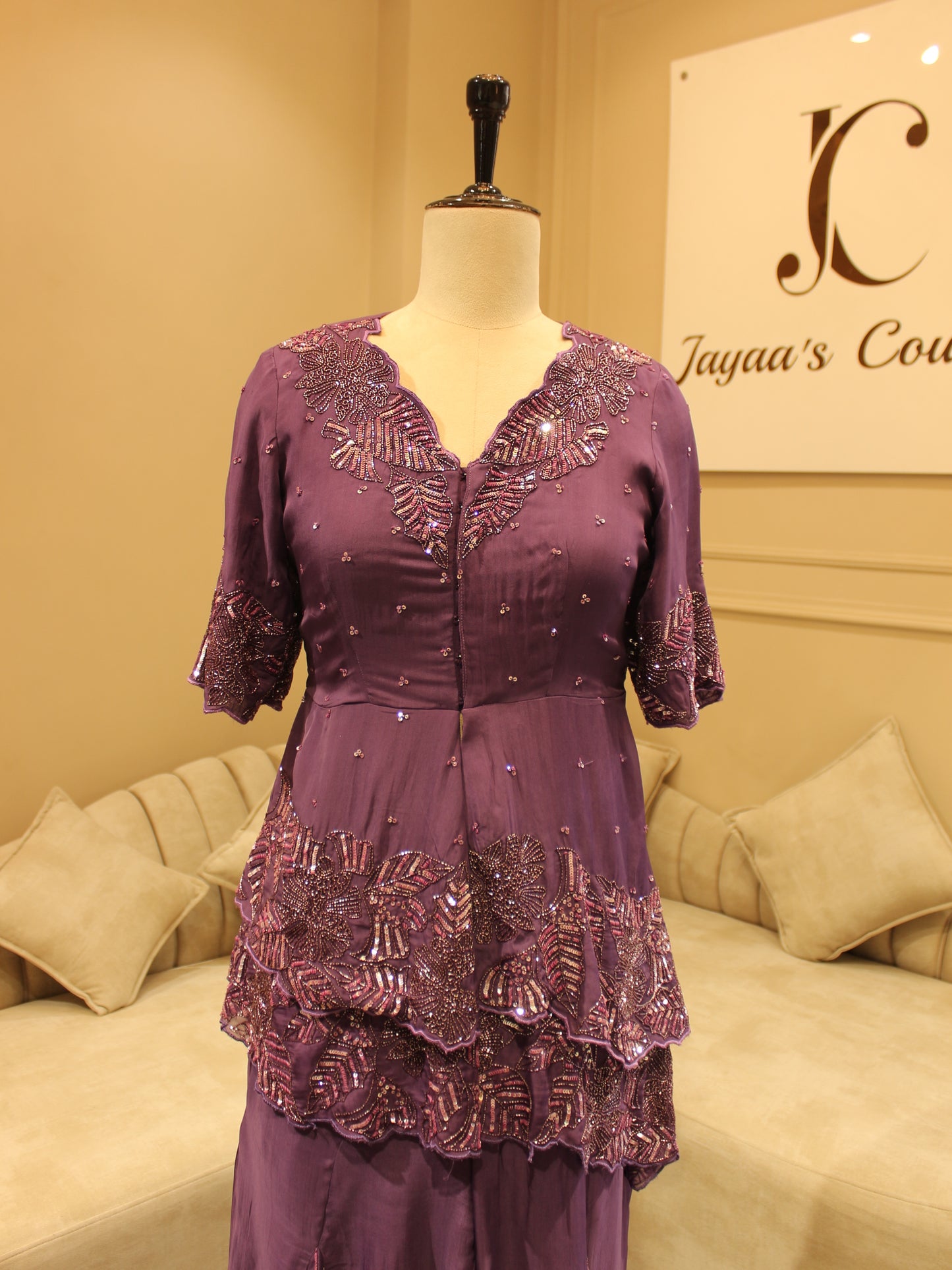 Mauve top with flaired plazo