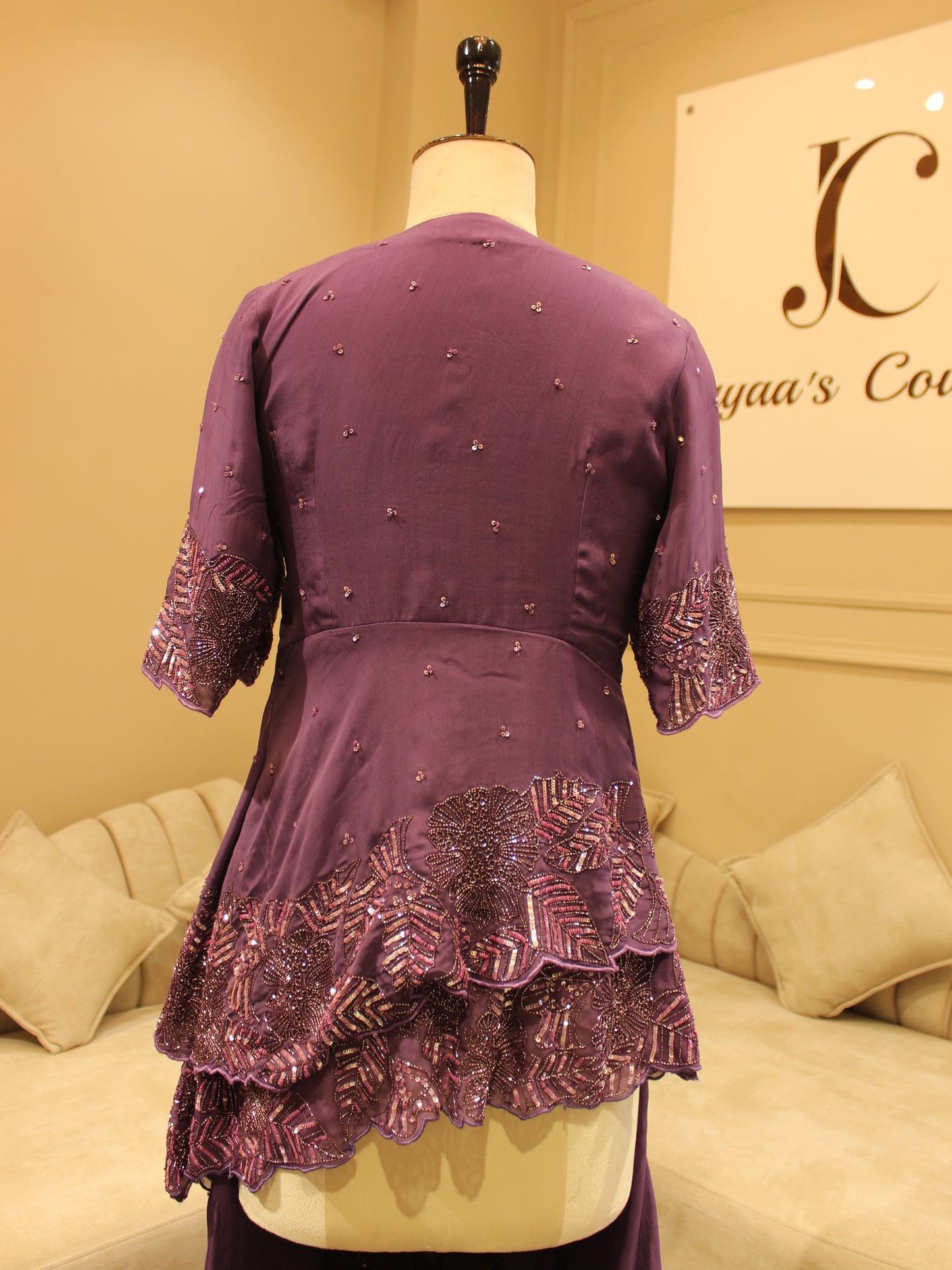 Mauve top with flaired plazo