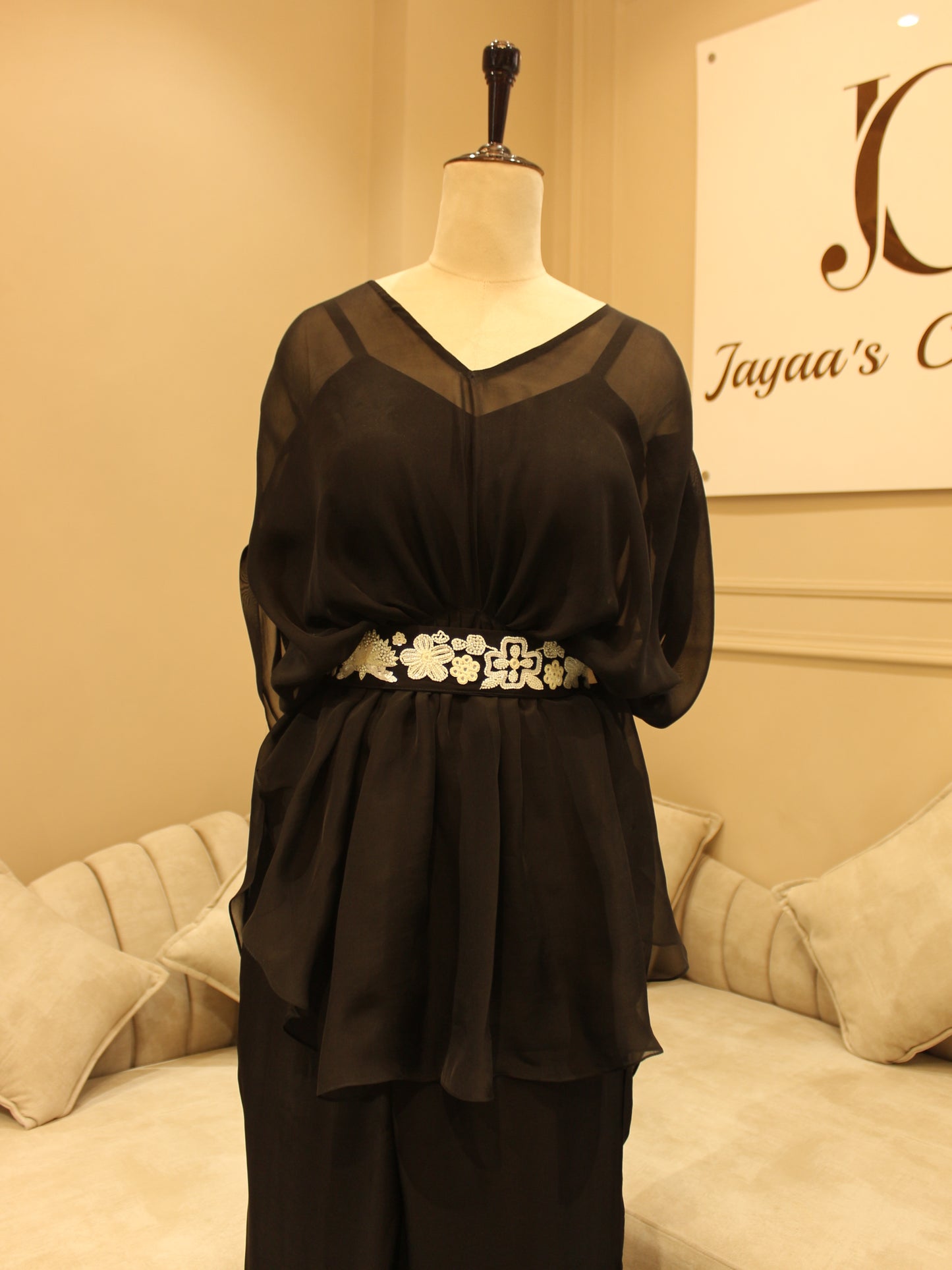 Intense black embroidred drape top with plazo and belt