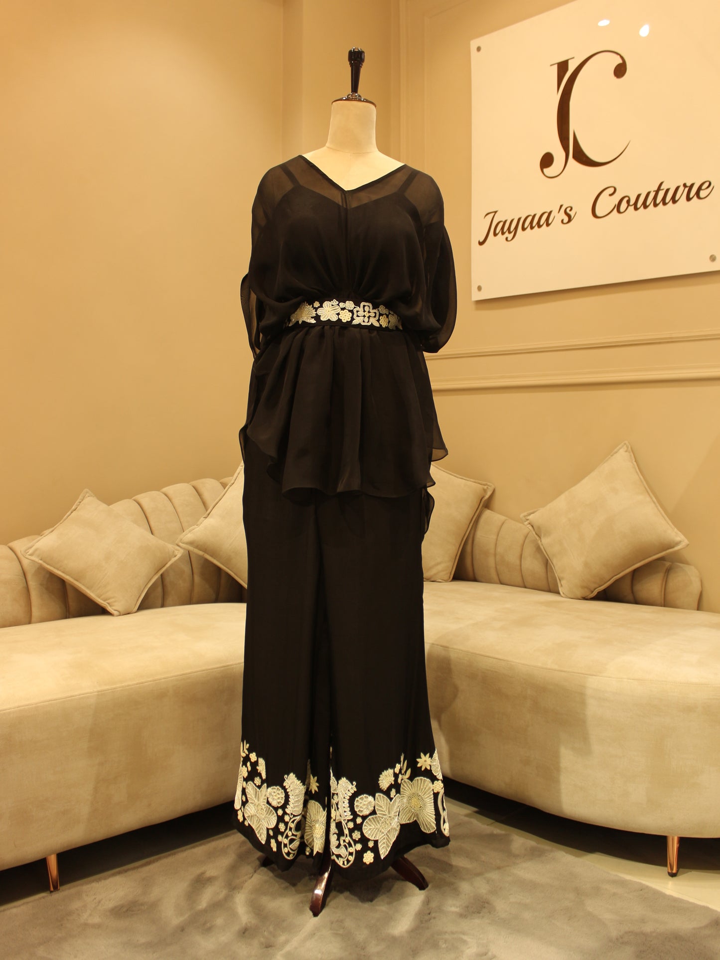 Intense black embroidred drape top with plazo and belt