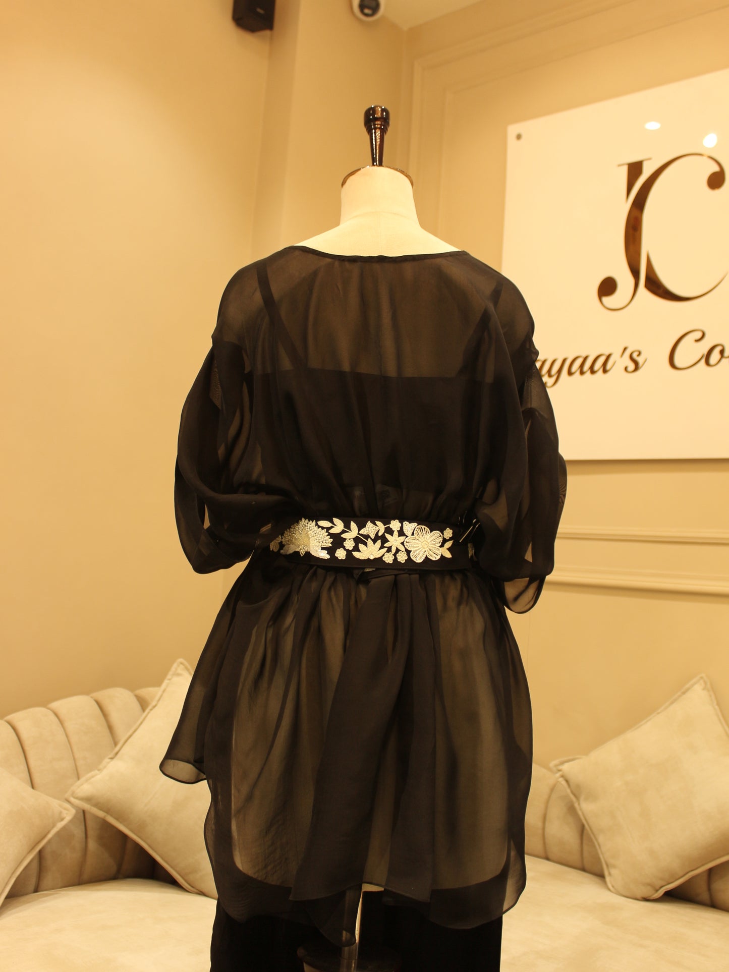 Intense black embroidred drape top with plazo and belt