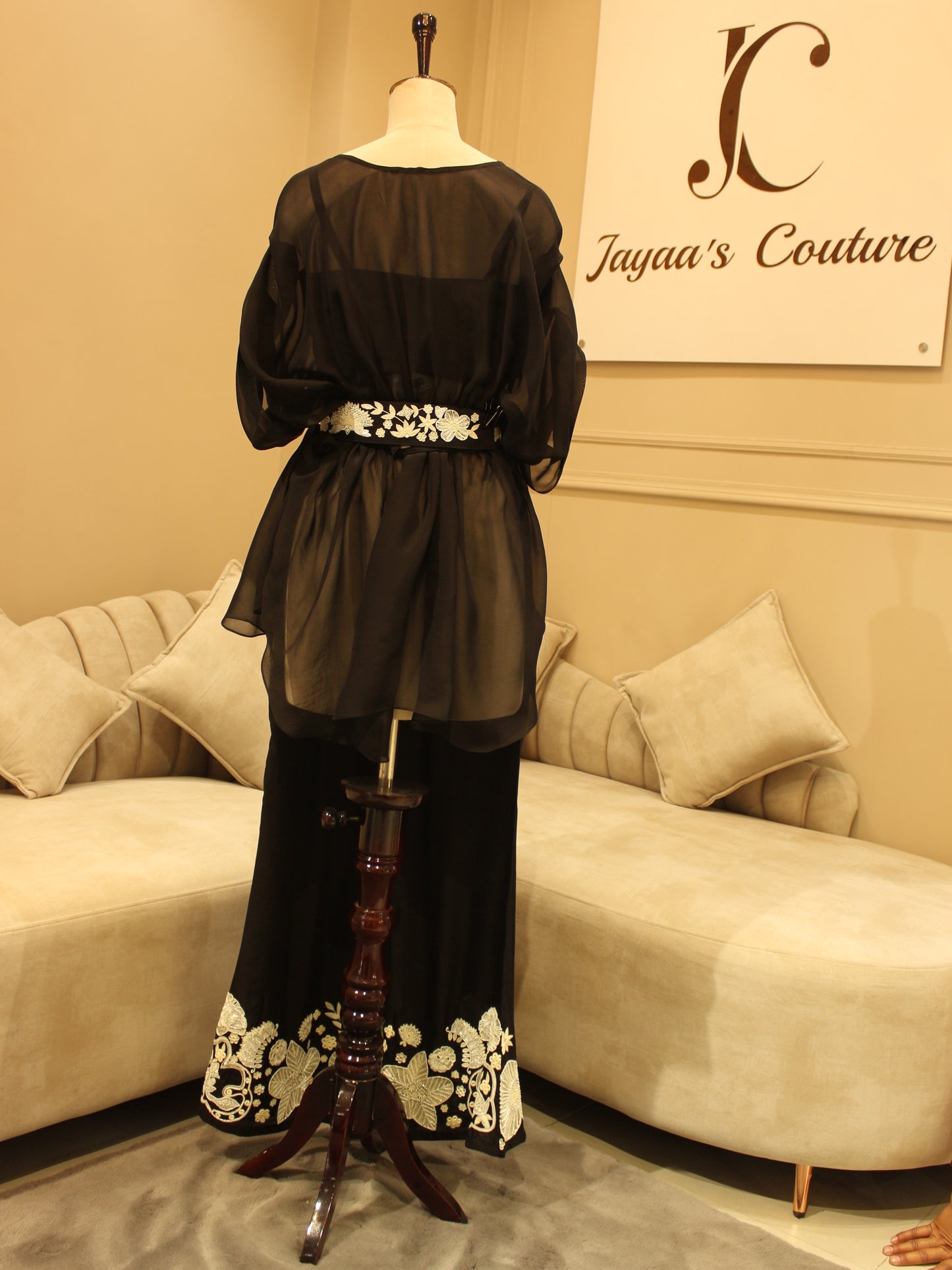 Intense black embroidred drape top with plazo and belt