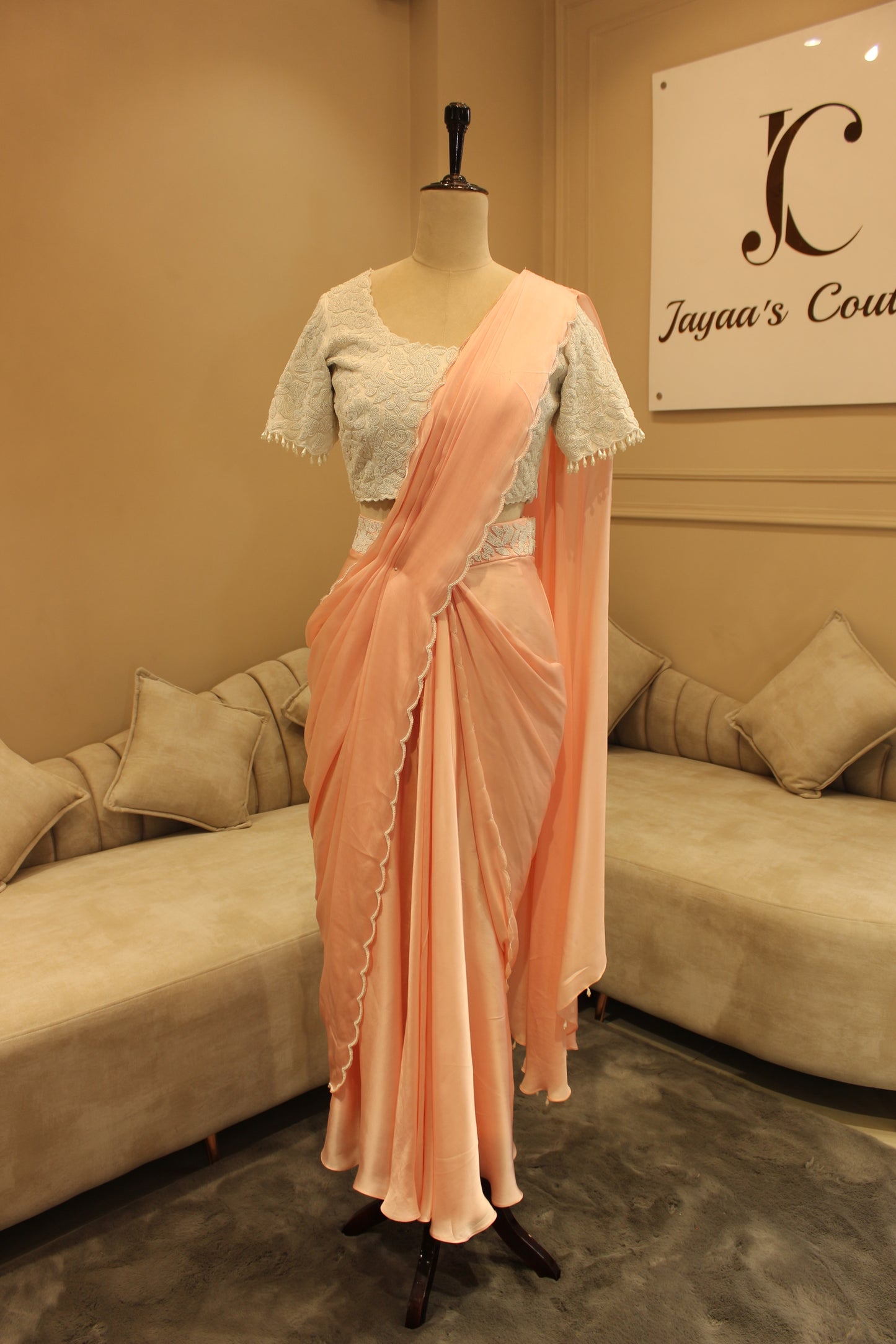 Pastel peach pre drape saree