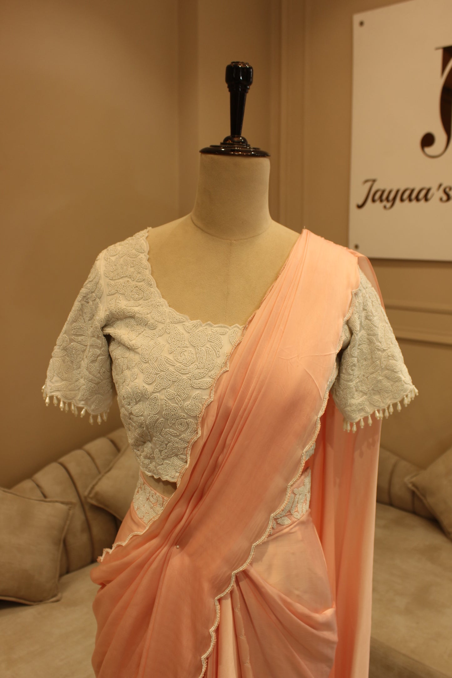 Pastel peach pre drape saree