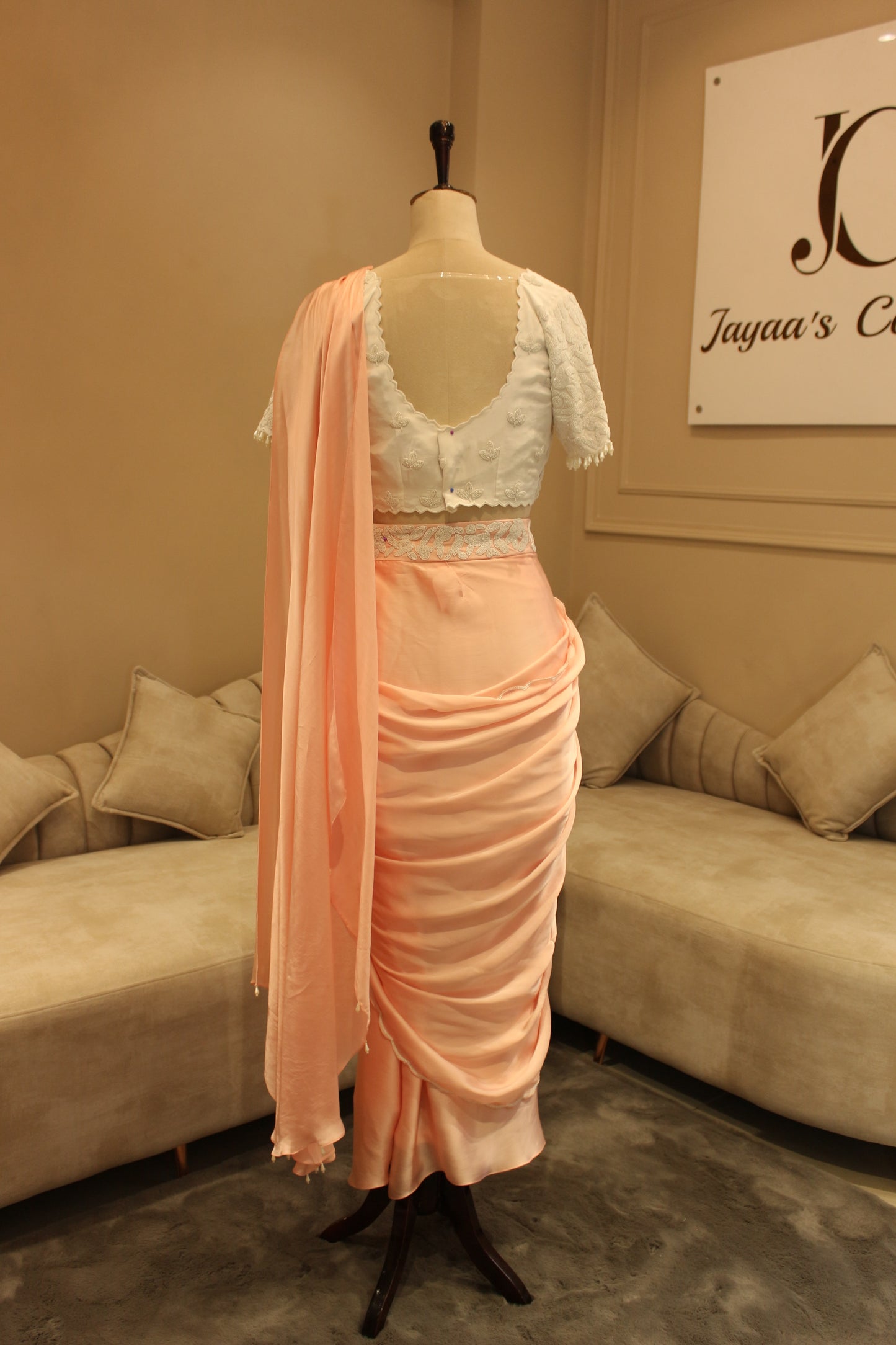 Pastel peach pre drape saree