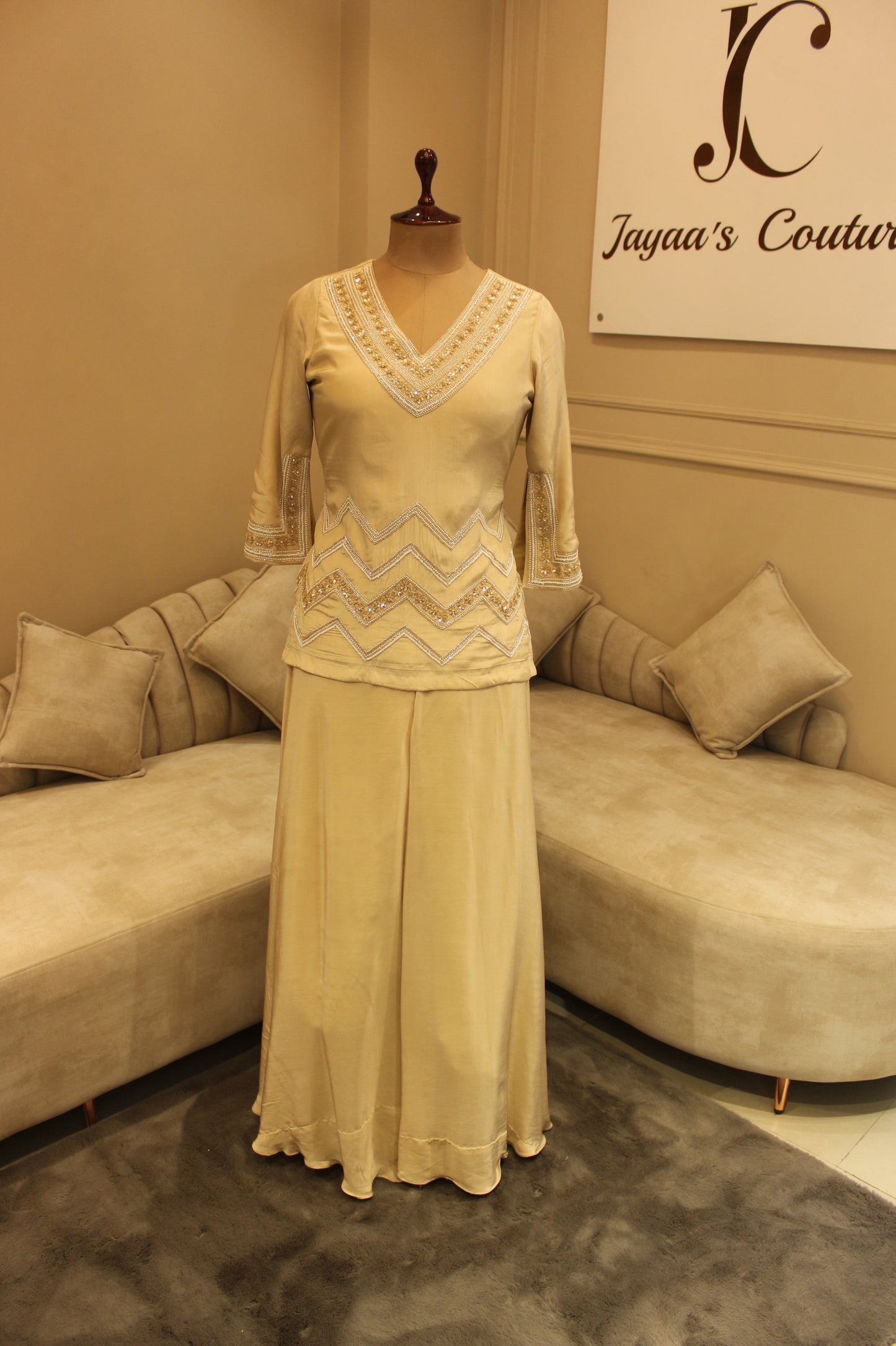 Sand beige kurta with flaired plazo and dupatta