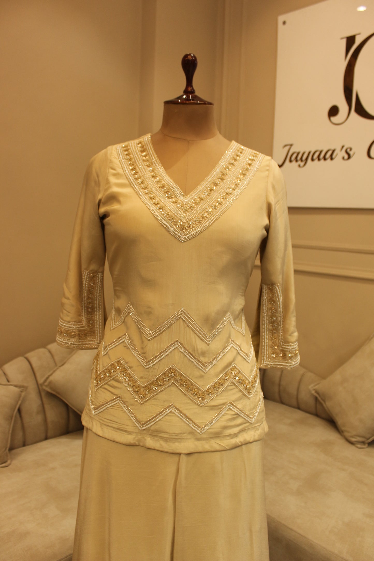 Sand beige kurta with flaired plazo and dupatta