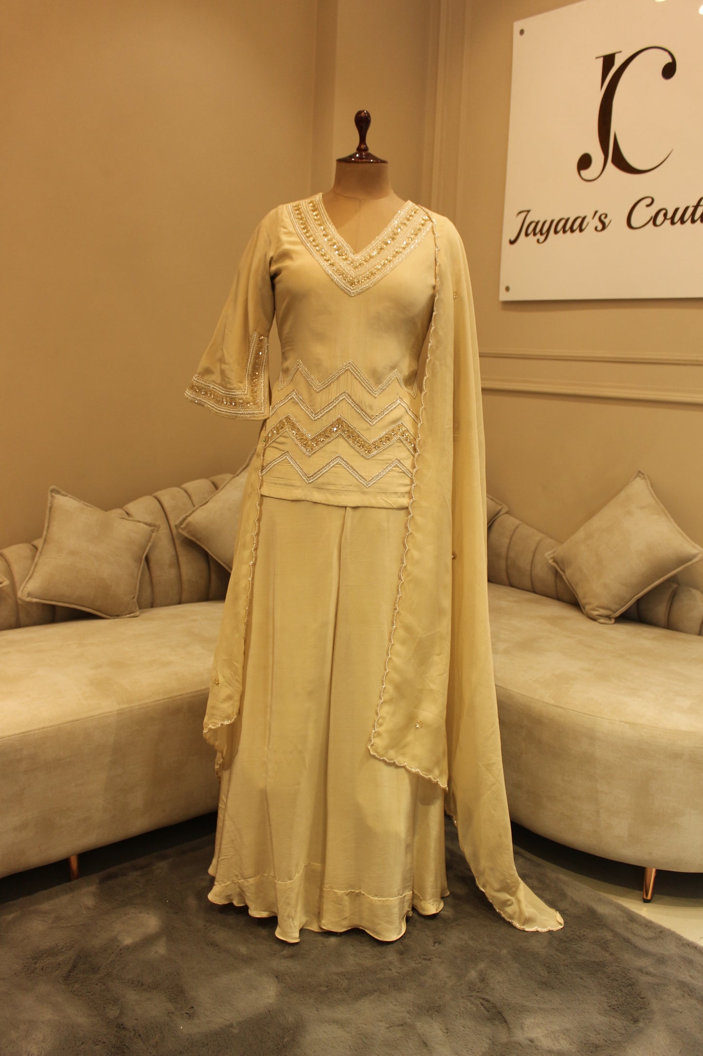 Sand beige kurta with flaired plazo and dupatta