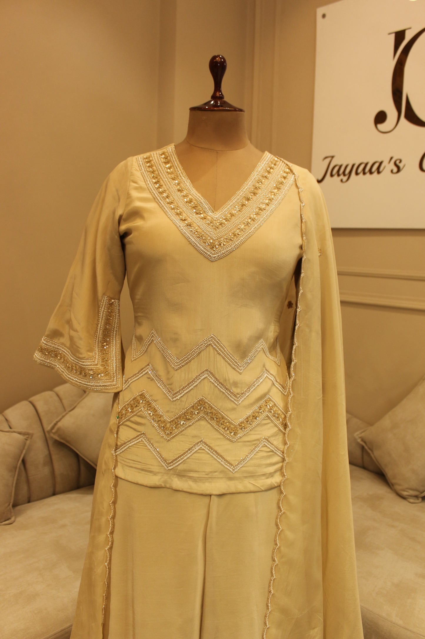 Sand beige kurta with flaired plazo and dupatta