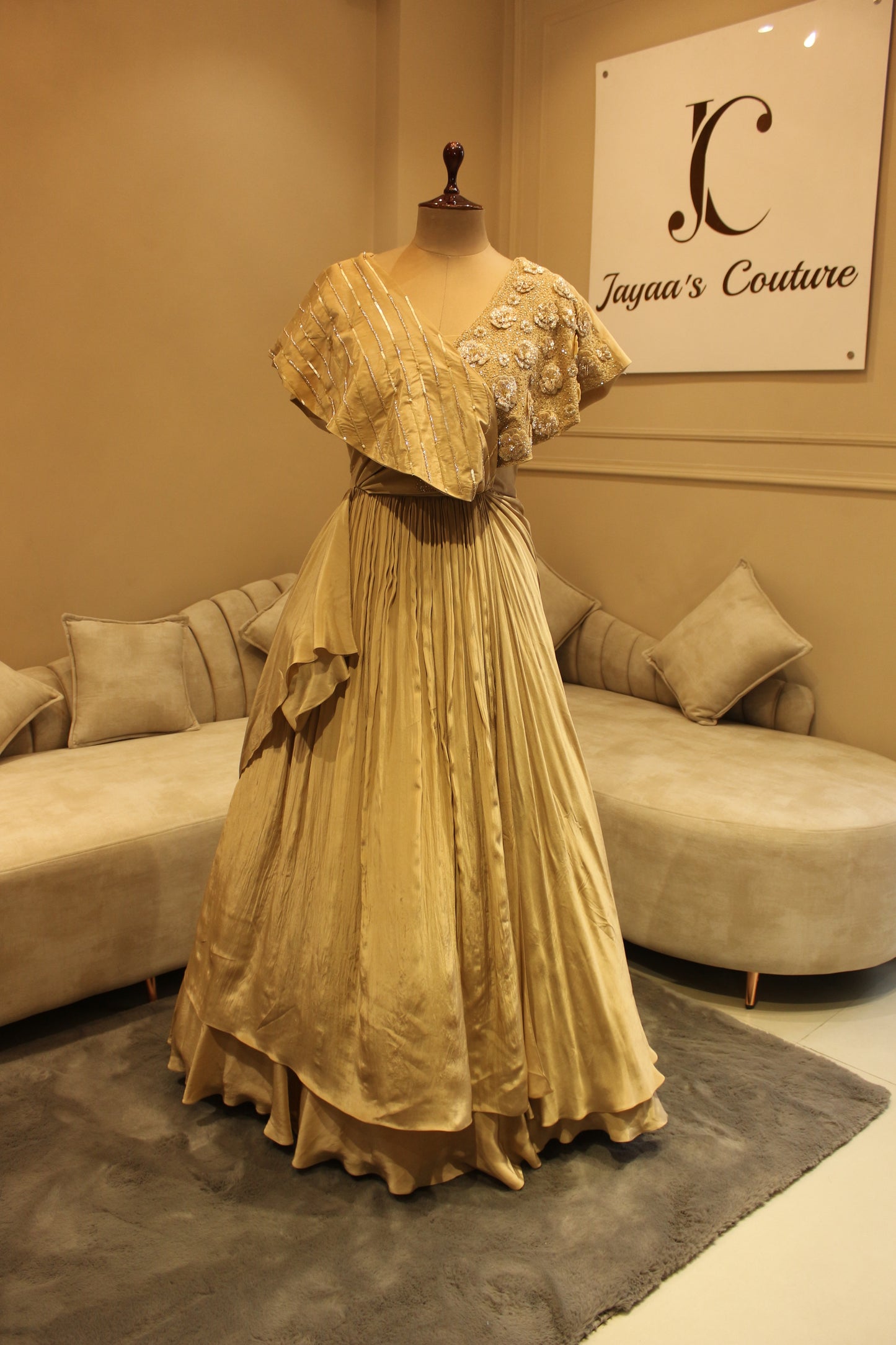 chestnut beige drape gown