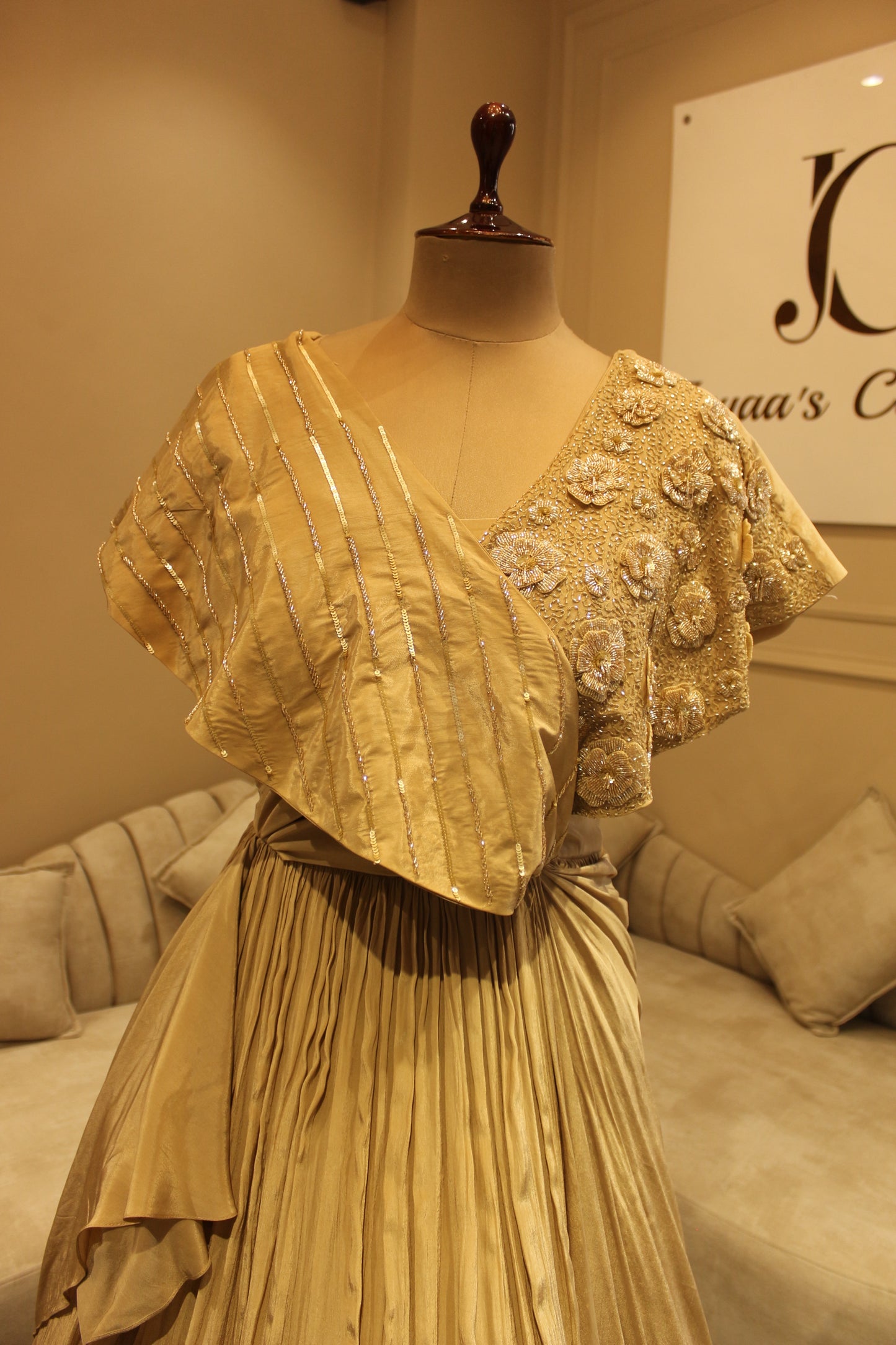 chestnut beige drape gown