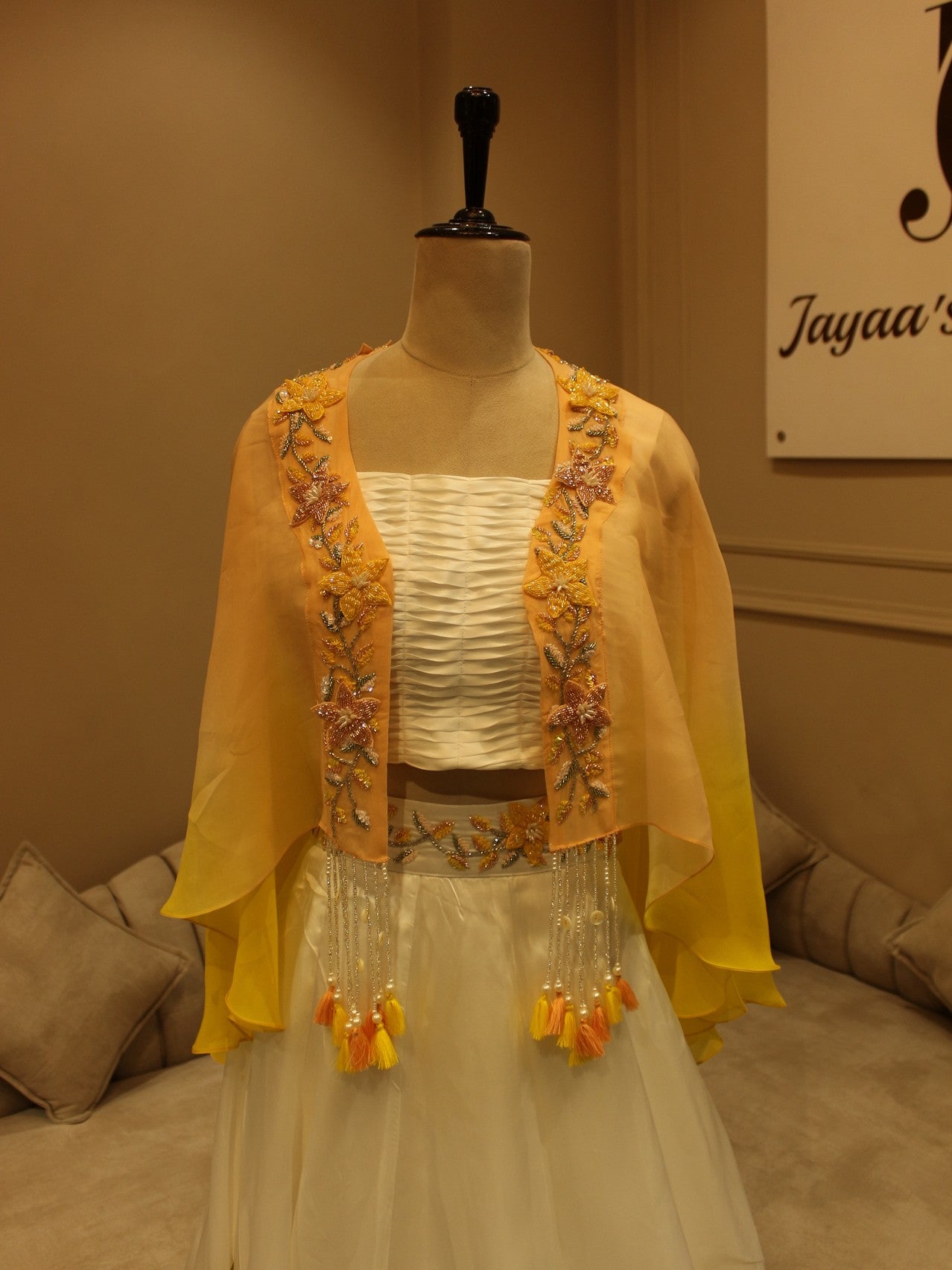 white yellow shaded handpainted crop top skirt with cape