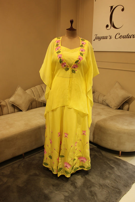 Yellow Handpainted top cape with plazo