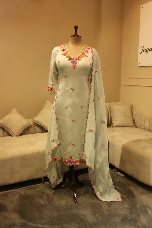 Powder blue kurta pants dupatta