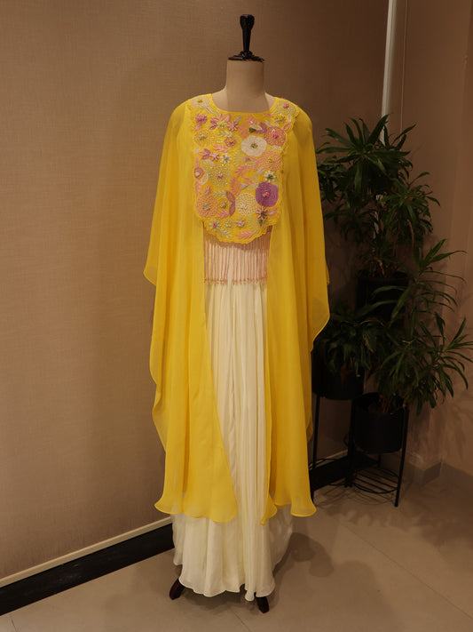 Off white yellow  crop top skirt cape