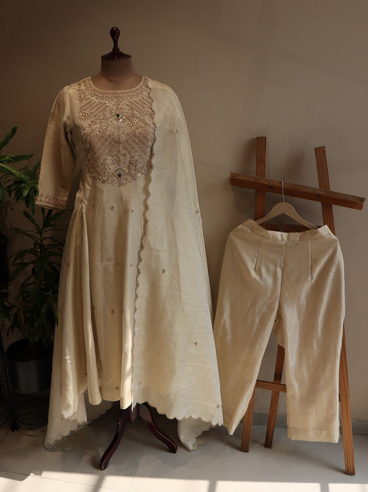 Pearl white tissue anarkali with plazo