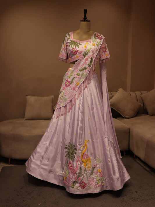 Pastel lilac crane lehenga set