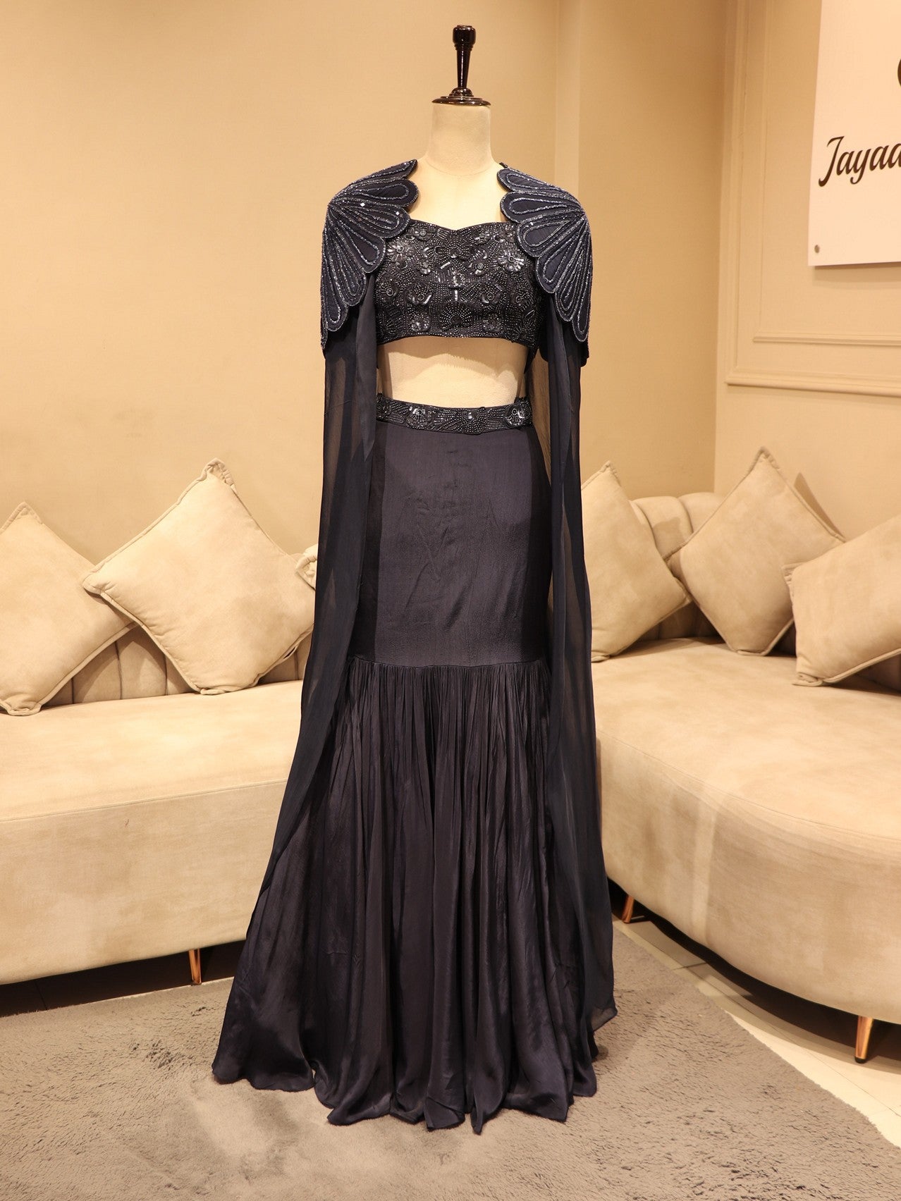 Navy blue cape crop top fish cut skirt