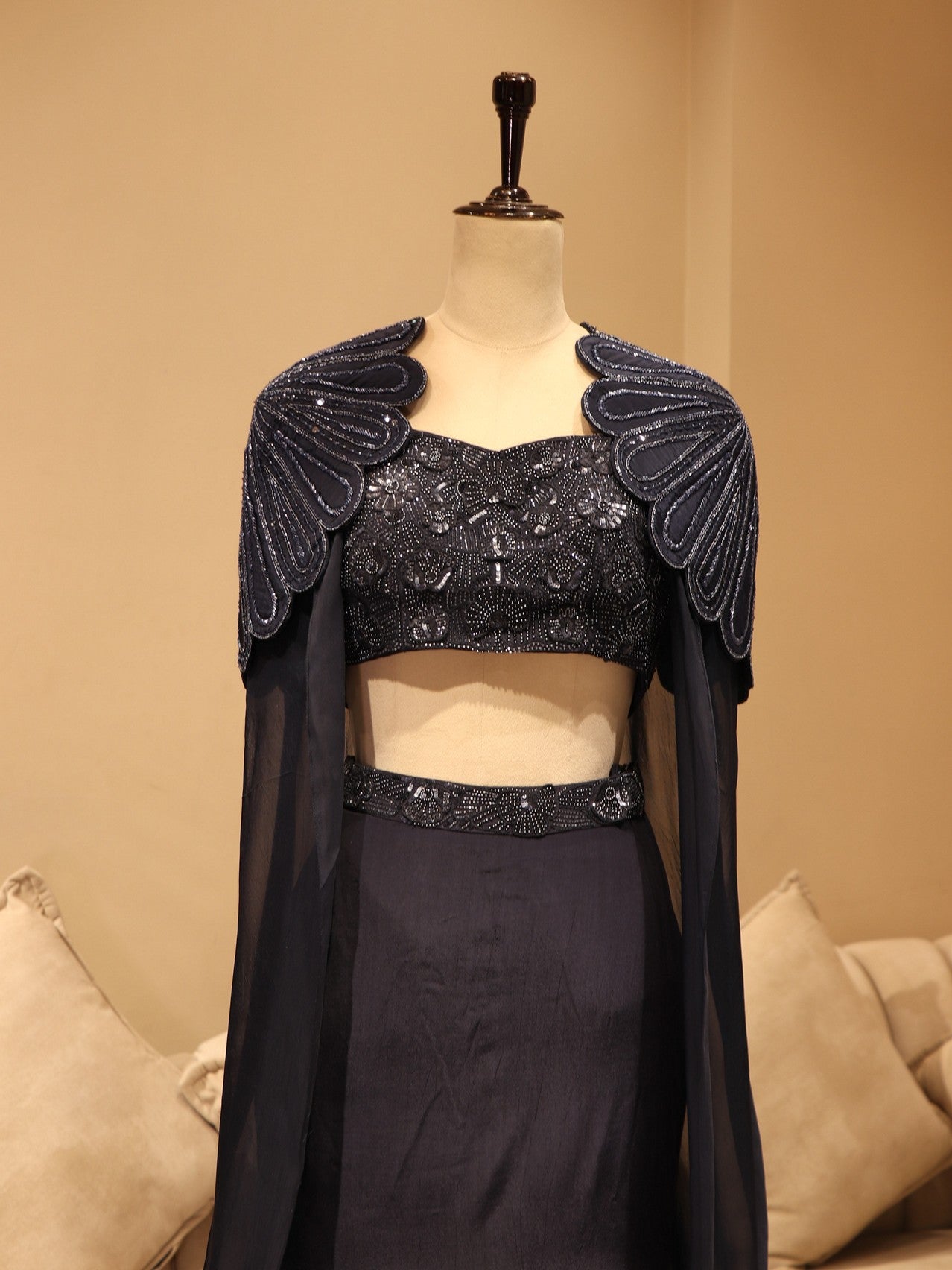 Navy blue cape crop top fish cut skirt