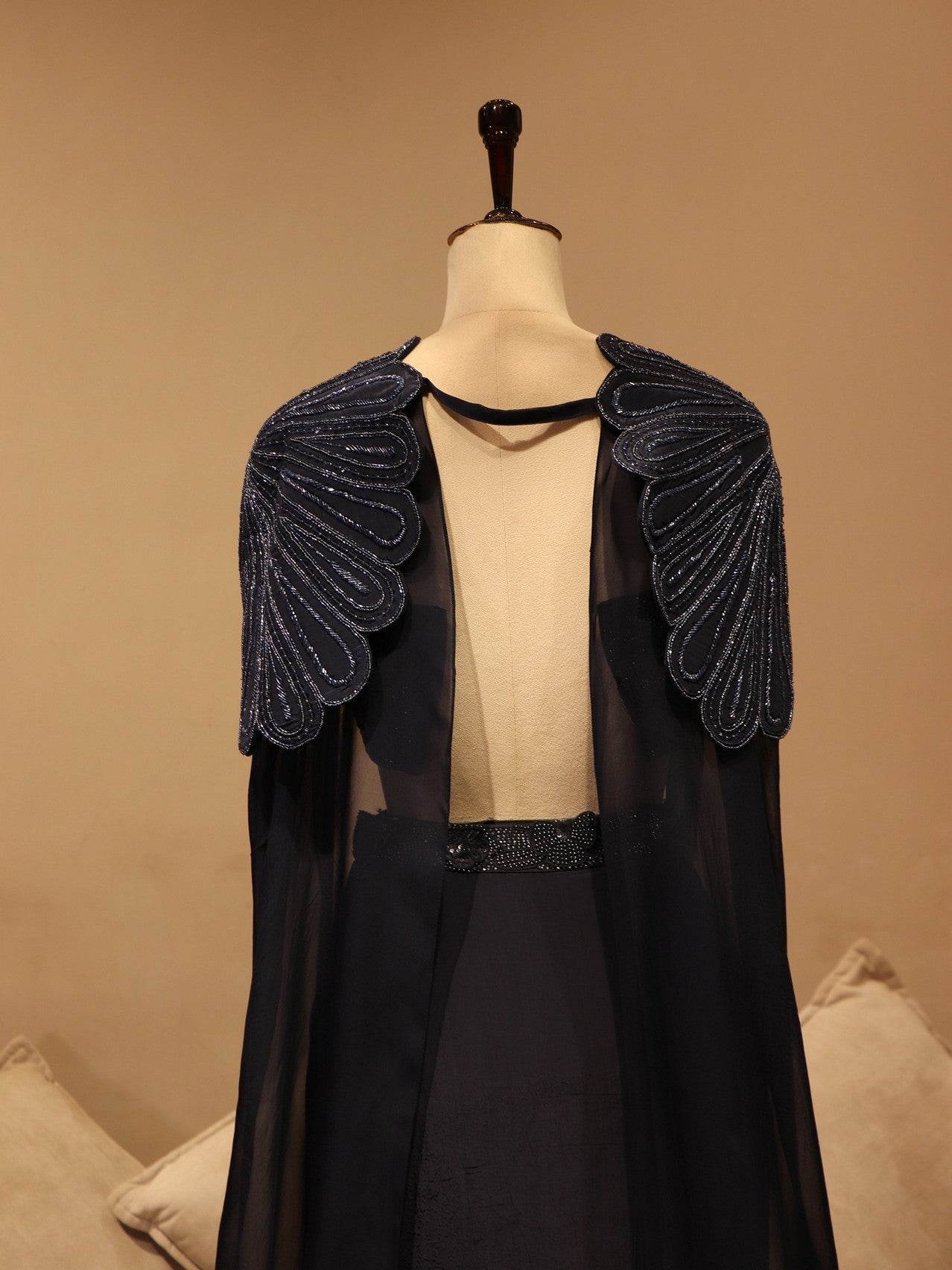 Navy blue cape crop top fish cut skirt