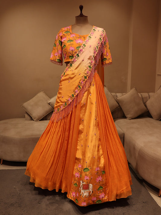 Rust orange shrinathji pichwai lehenga