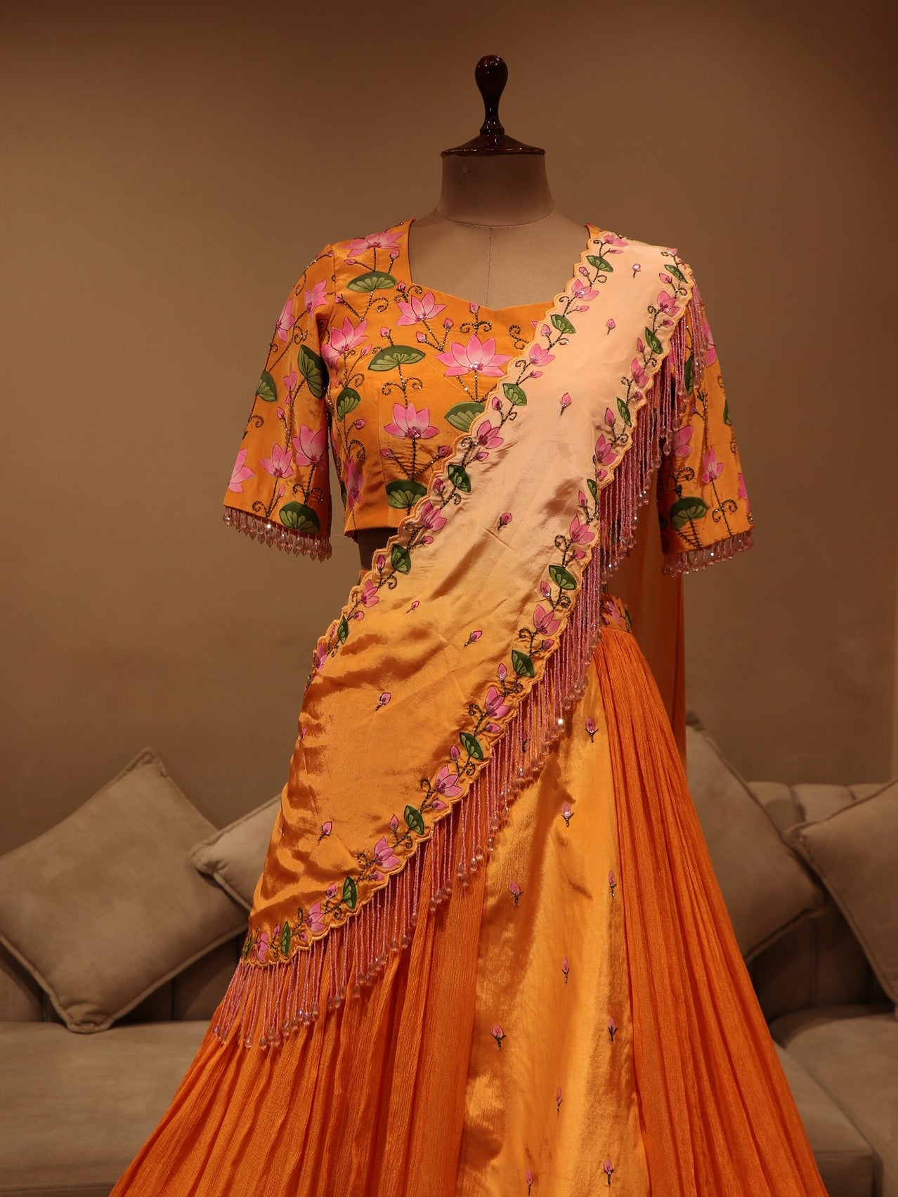 Rust orange shrinathji pichwai lehenga