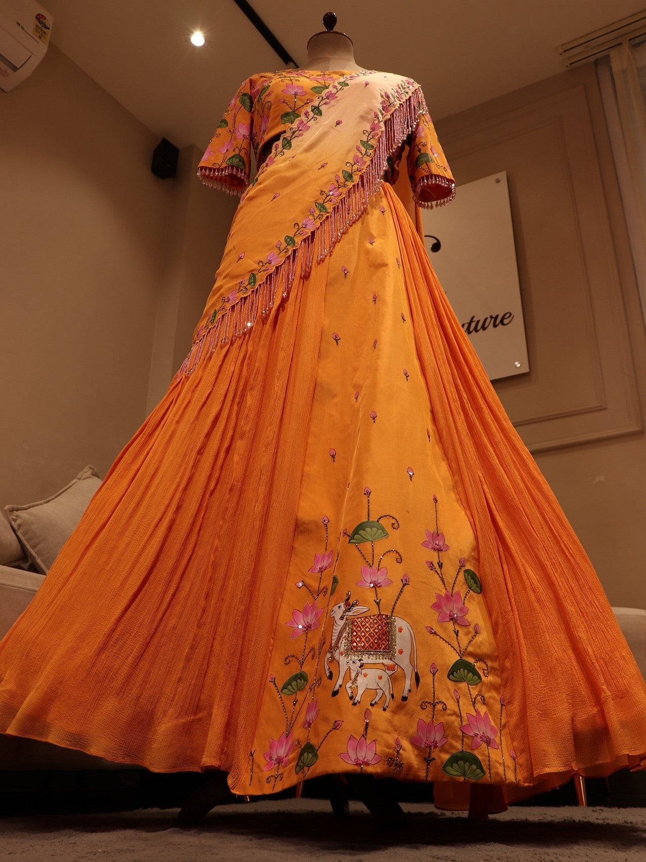 Rust orange shrinathji pichwai lehenga