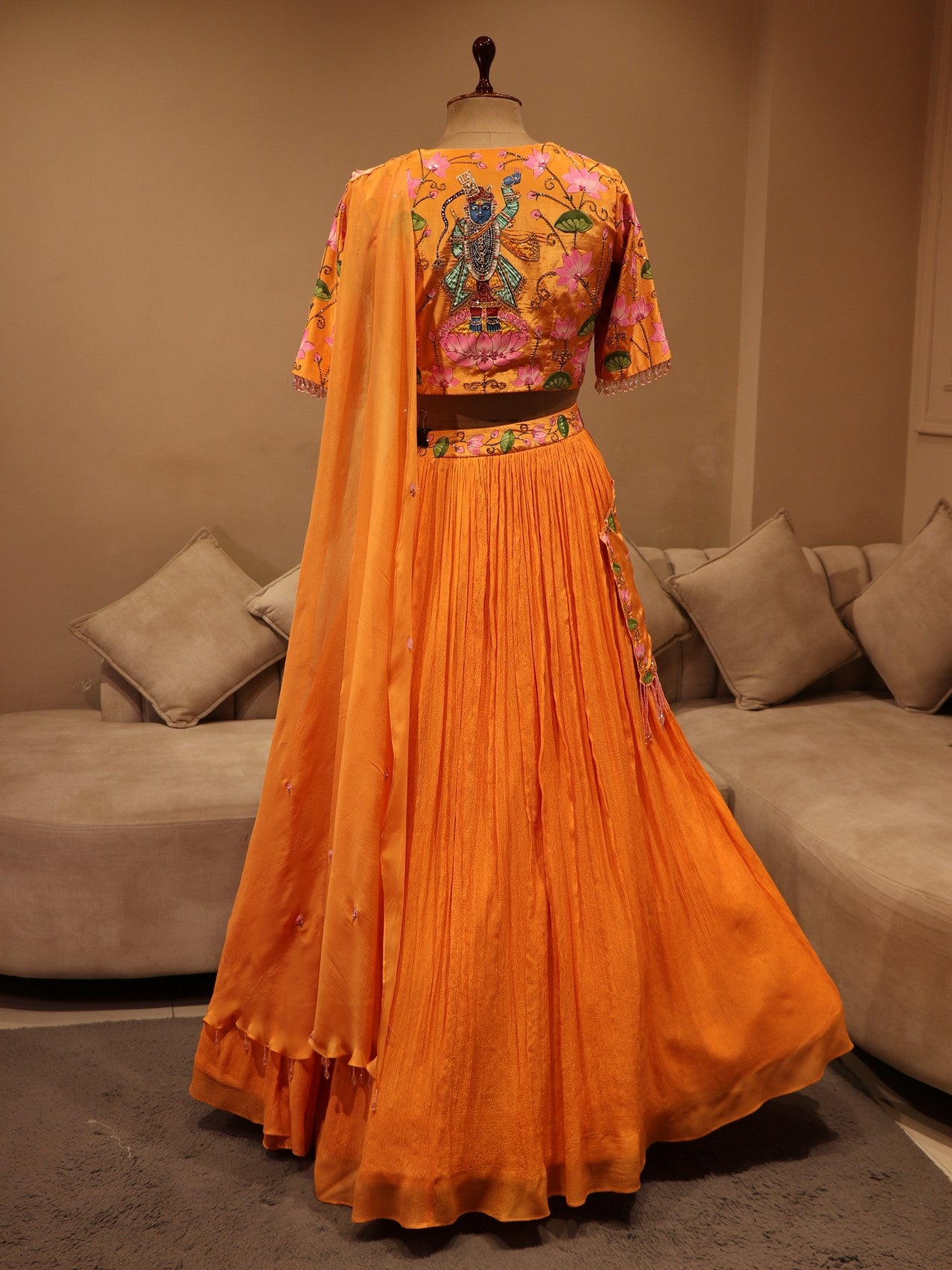 Rust orange shrinathji pichwai lehenga