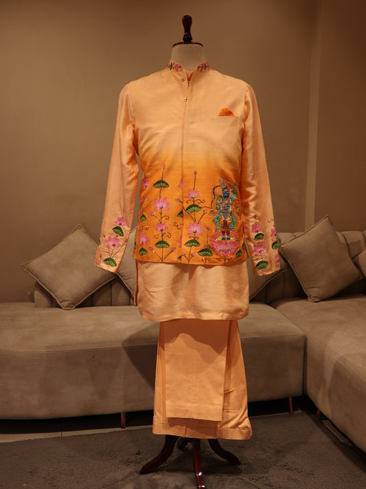 Rust orange shrinathji pichwai mens kurta jacket pants
