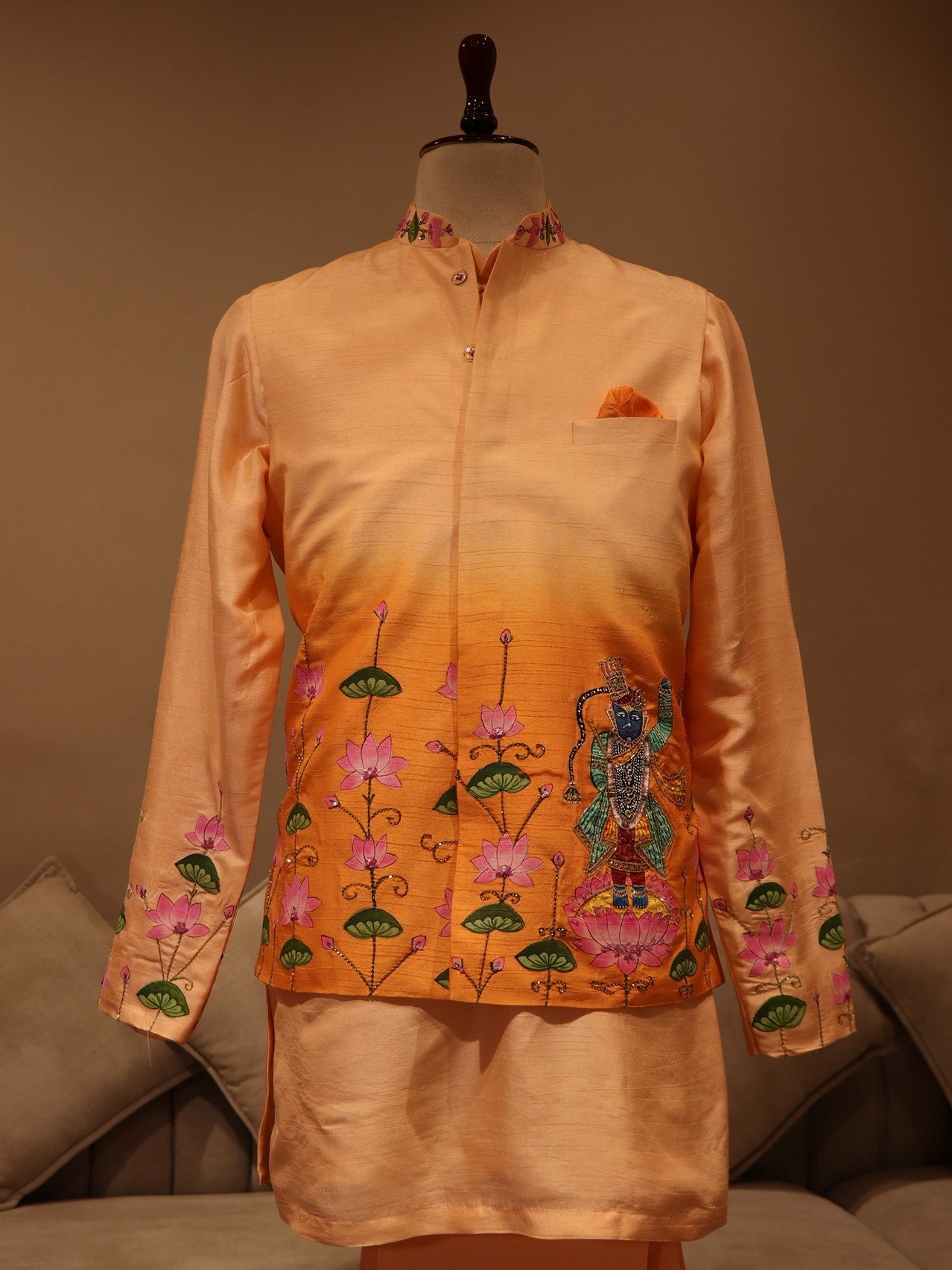 Rust orange shrinathji pichwai mens kurta jacket pants