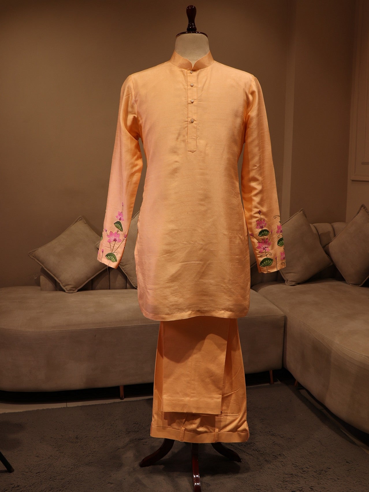 Rust orange shrinathji pichwai mens kurta jacket pants