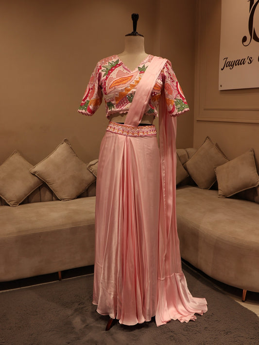 Pink embroidered drape saree