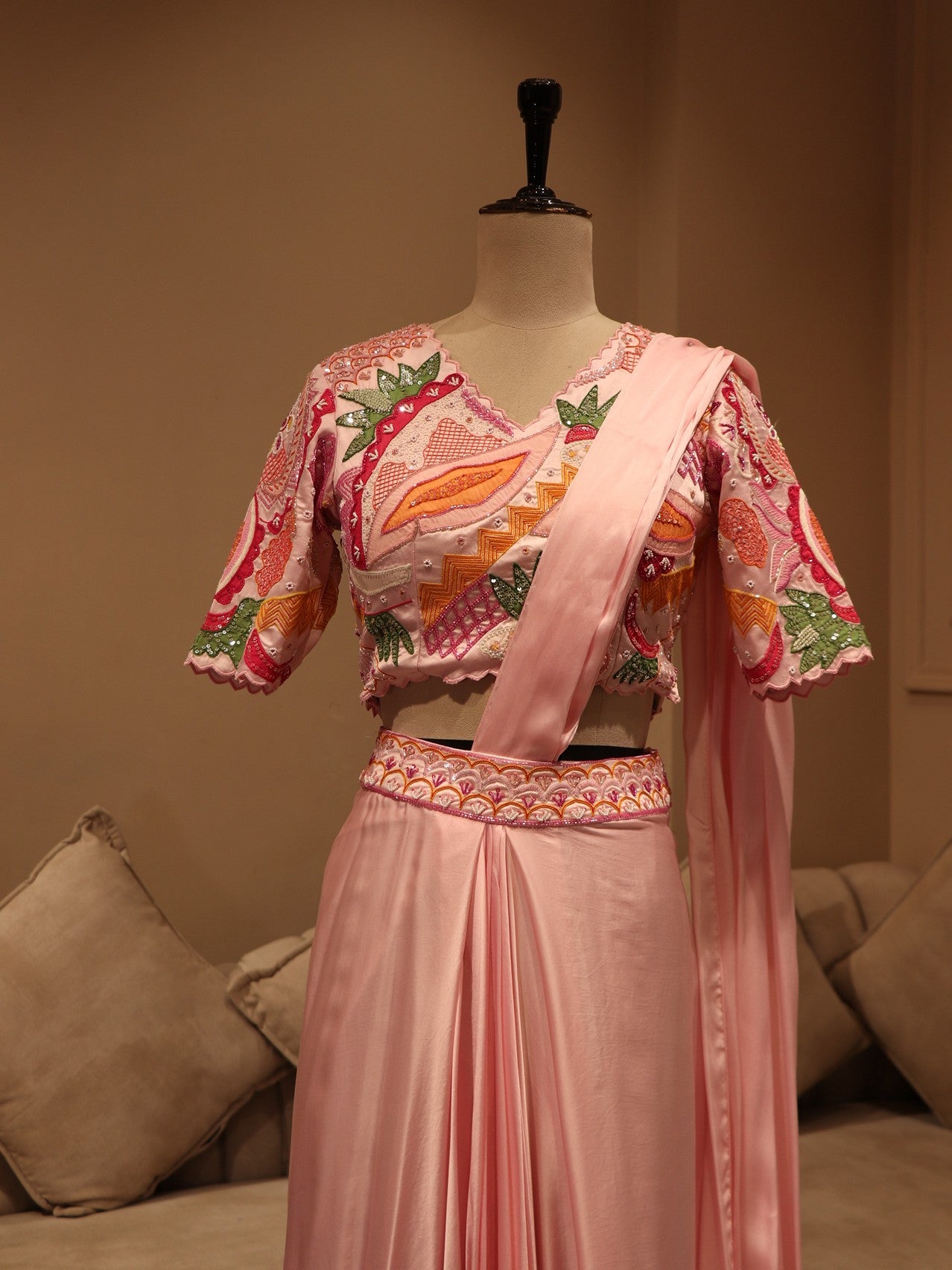 Pink embroidered drape saree