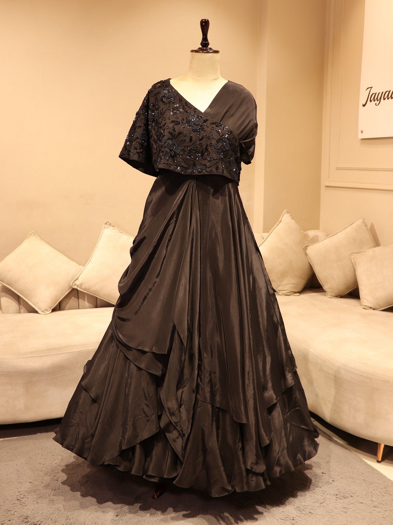 Midnight black cape gown set